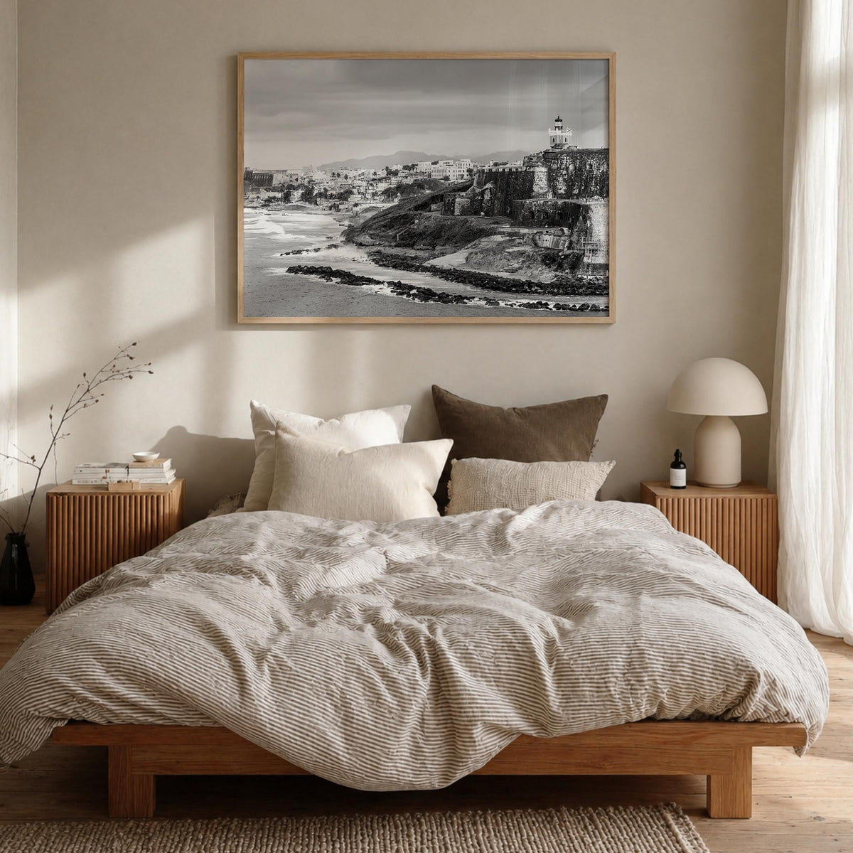 Puerto Rico black & white photo poster of Caribbean – horizontal wall art in natural wood frame, hanging on wall