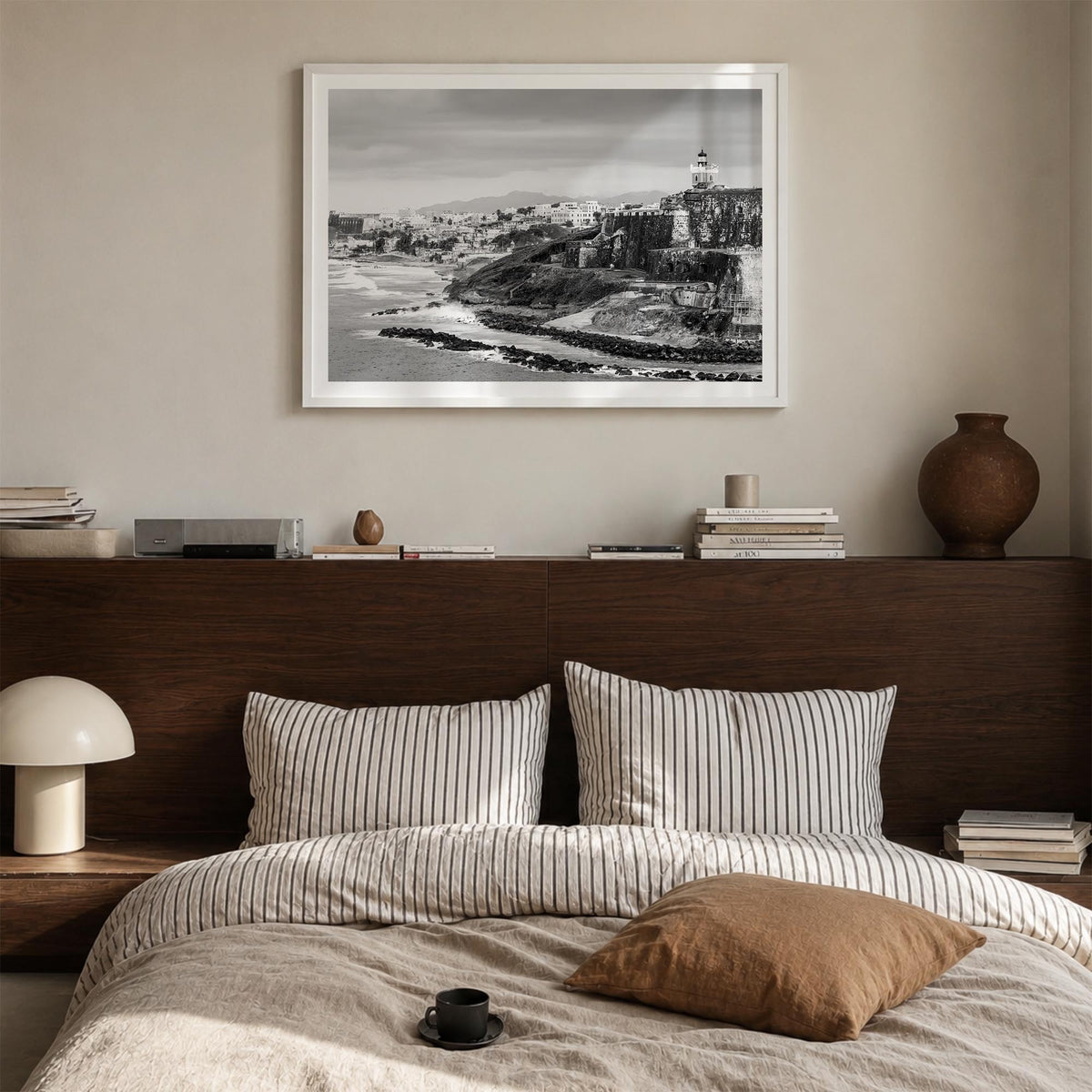 Puerto Rico black & white photo poster of Caribbean – horizontal wall art in white wood frame with white border, hanging on w