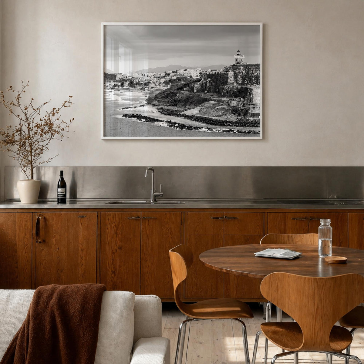 Puerto Rico black & white photo poster of Caribbean – horizontal wall art in white wood frame, hanging on wall