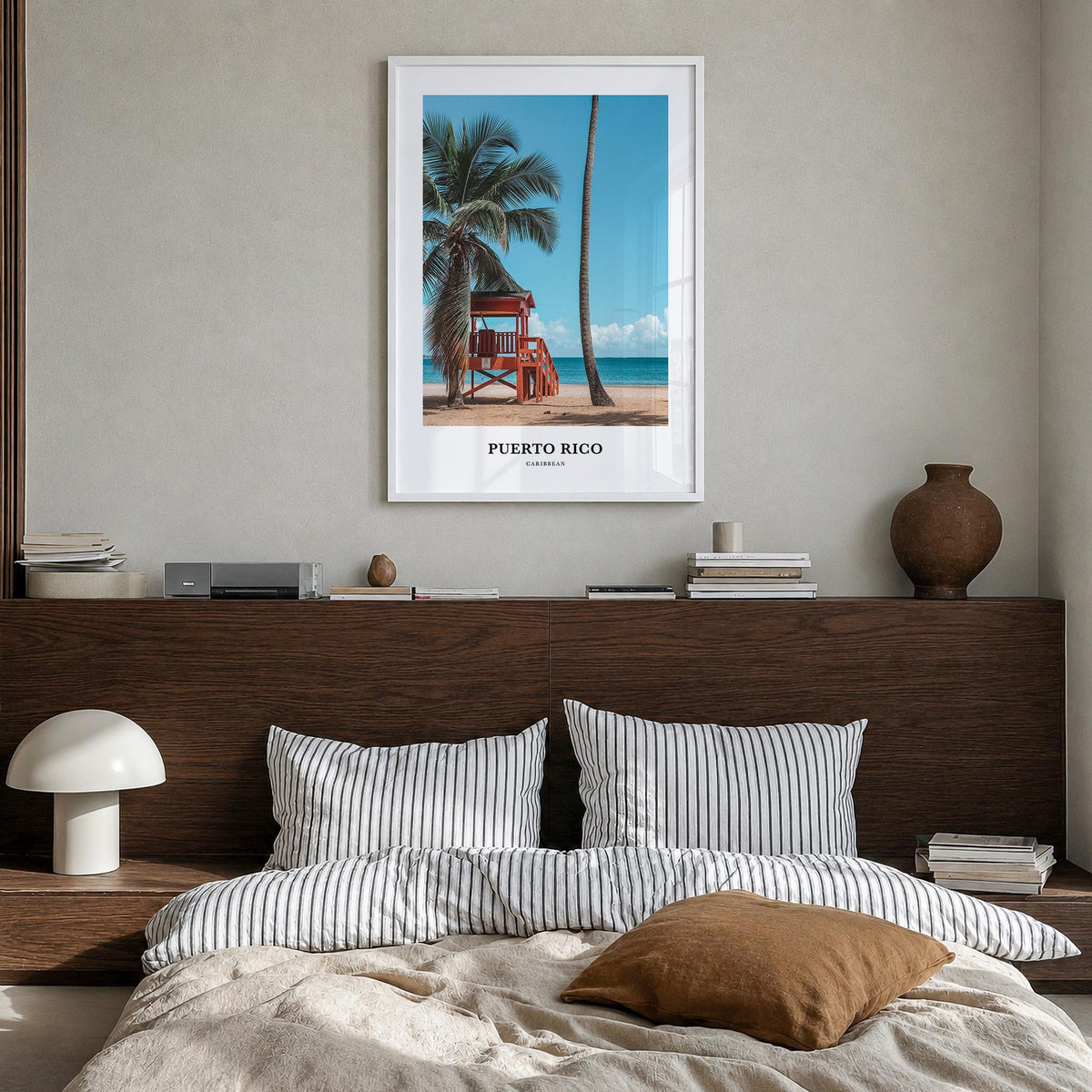 Puerto Rico colorful classic poster of Caribbean – vertical wall art in white wood frame, hanging on wall