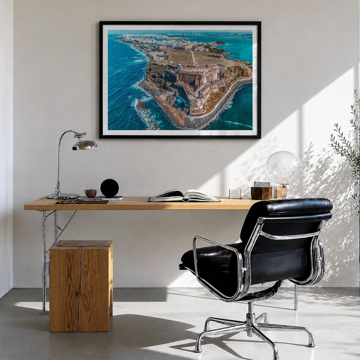 Puerto Rico colorful photo poster of Caribbean – horizontal wall art in black wood frame with white border, hanging on wall