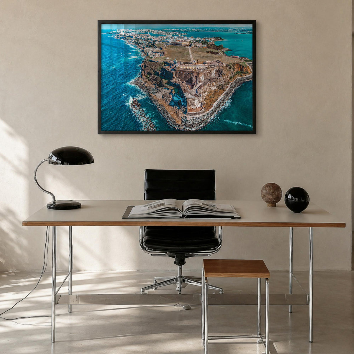 Puerto Rico colorful photo poster of Caribbean – horizontal wall art in black wood frame, hanging on wall