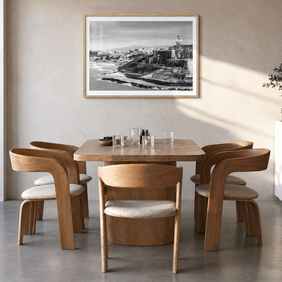 Puerto Rico Photo Poster in a natural wood frame, hanging in a dining room, white border
