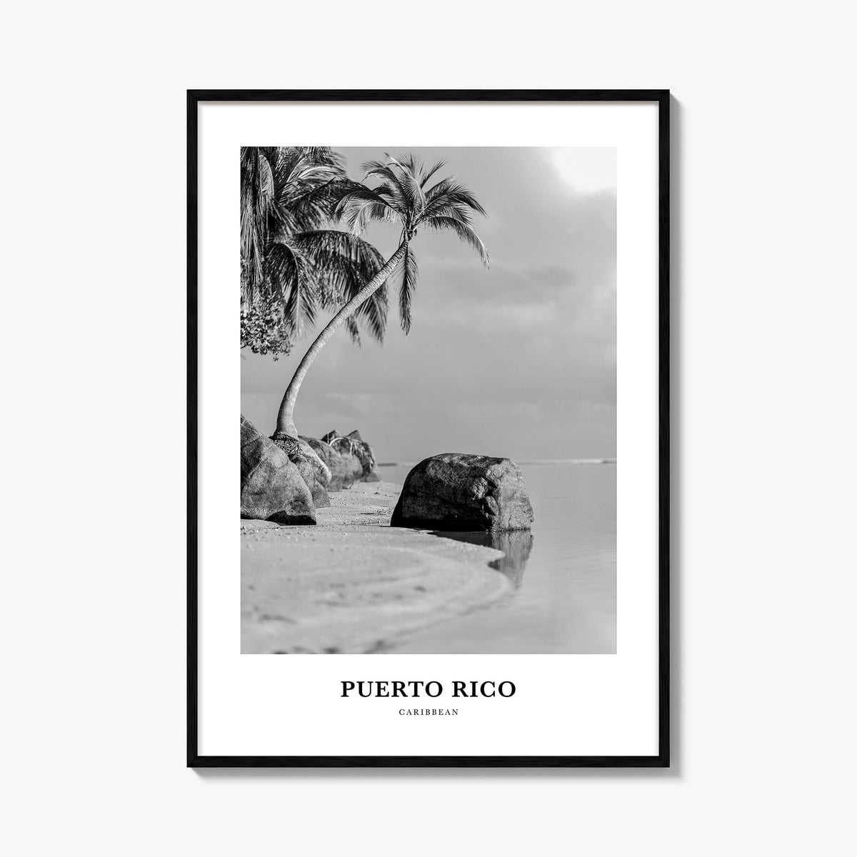 Puerto Rico no. 1 black & white classic poster of Caribbean – vertical wall art, unframed print shown in interior mockup