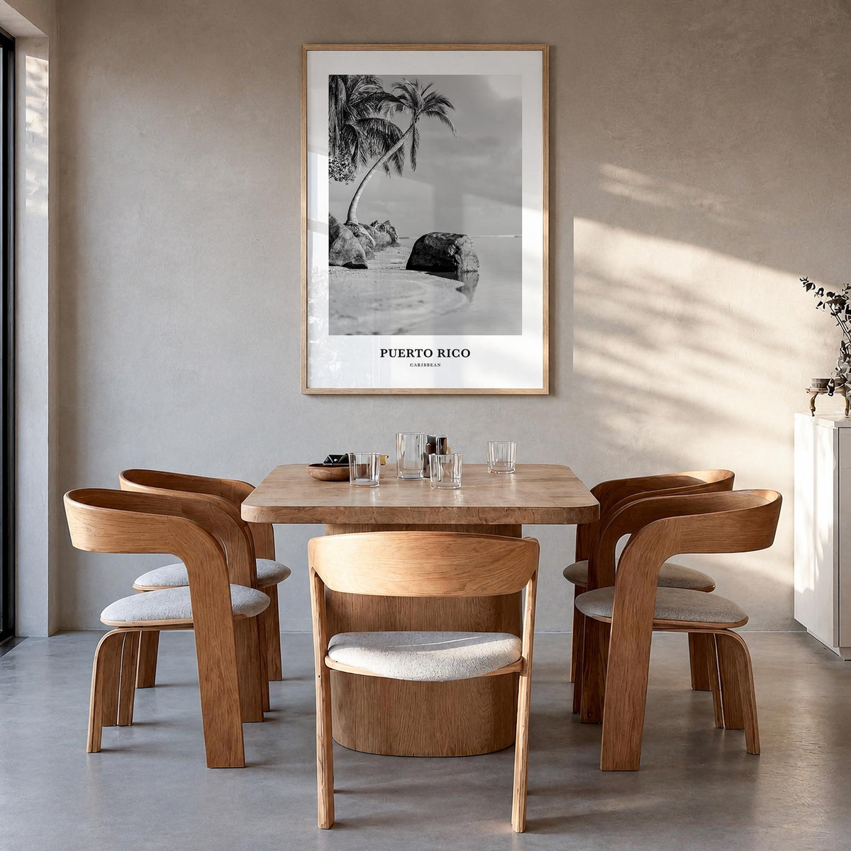 Puerto Rico no. 1 black & white classic poster of Caribbean – vertical wall art in natural wood frame, hanging on wall