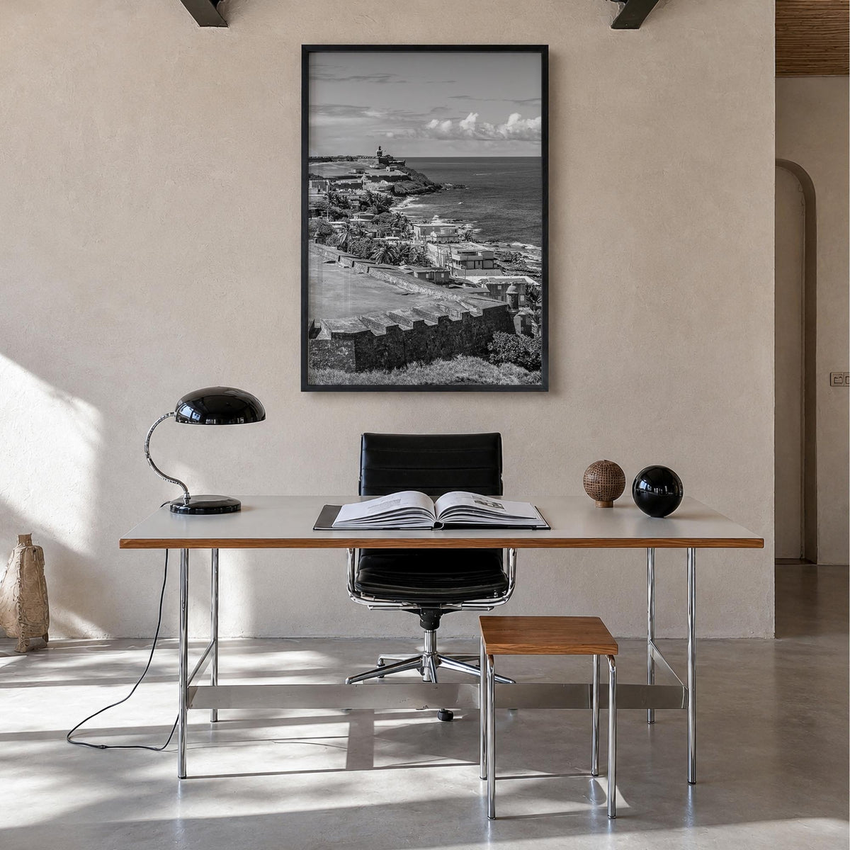 Puerto Rico no. 1 black & white photo poster of Caribbean – vertical wall art in black wood frame, hanging on wall