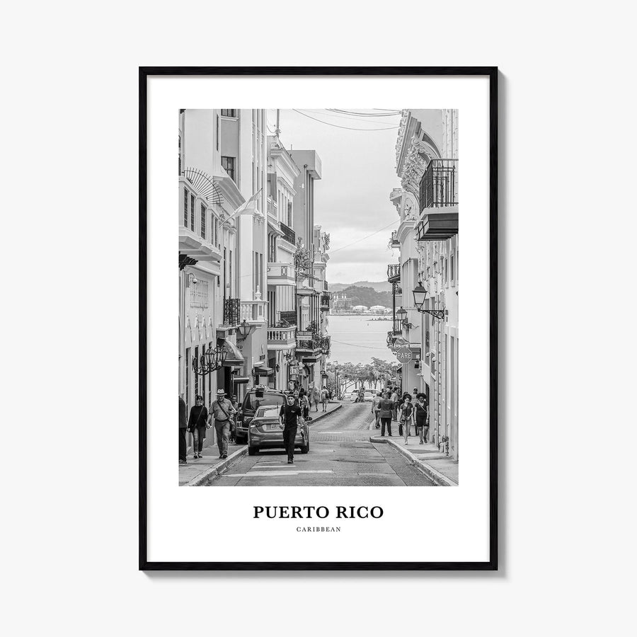 Puerto Rico no. 2 black & white classic poster of Caribbean – vertical wall art, unframed print shown in interior mockup