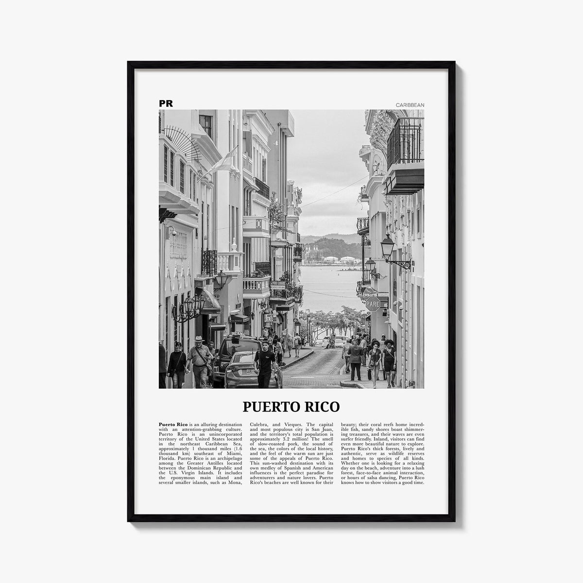 Puerto Rico no. 2 black & white newspaper poster of Caribbean – vertical wall art, unframed print shown in interior mockup