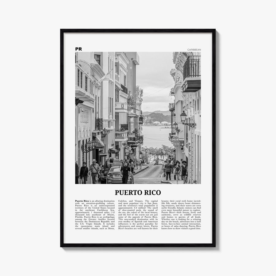 Puerto Rico no. 2 black & white newspaper poster of Caribbean – vertical wall art, unframed print shown in interior mockup