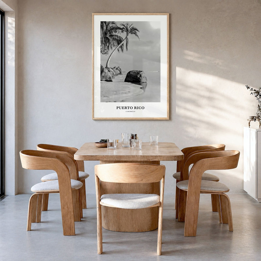 Puerto Rico Classic No 1 Poster in a natural wood frame, hanging in a dining room