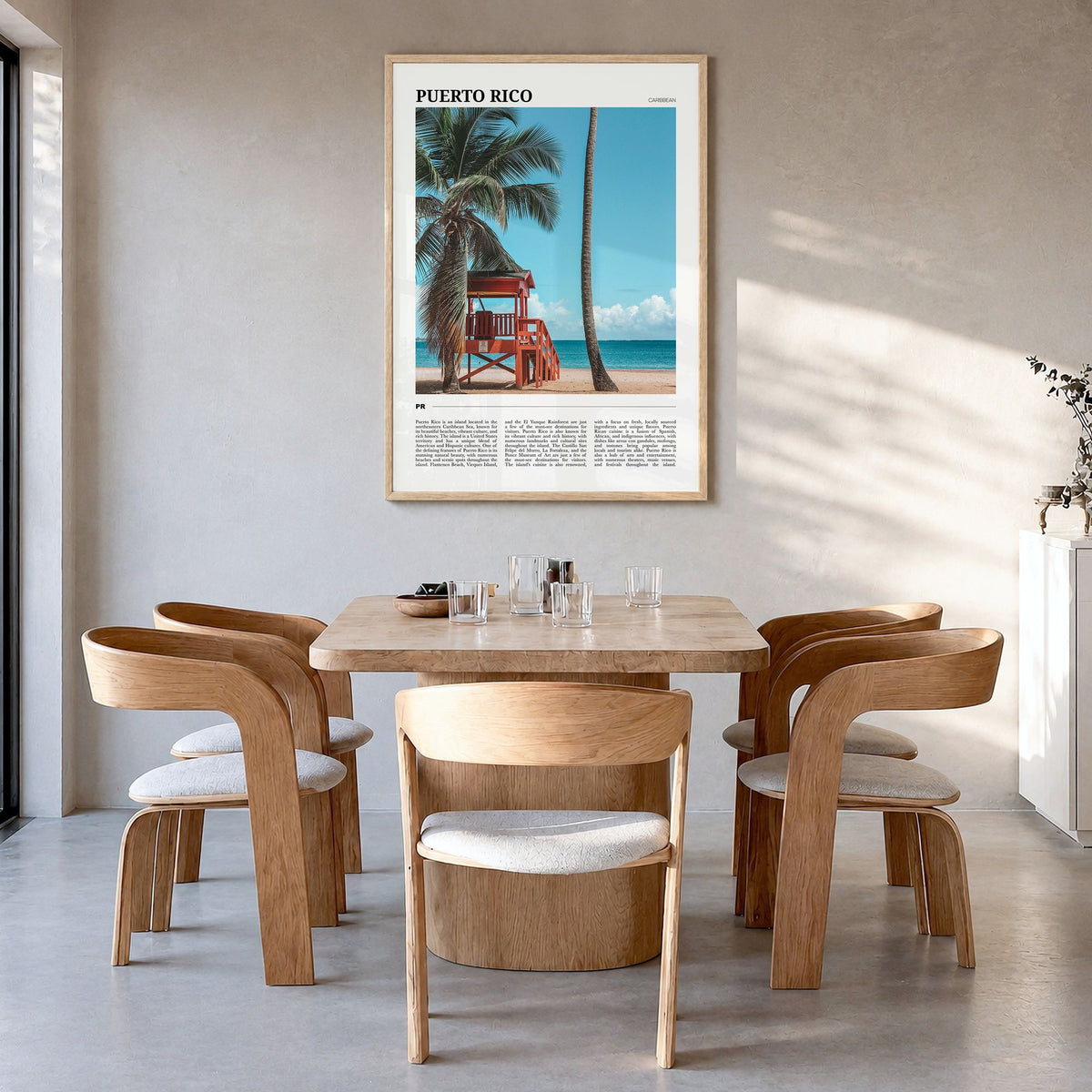 Puerto Rico Travel Poster in a natural wood frame, hanging in a dining room