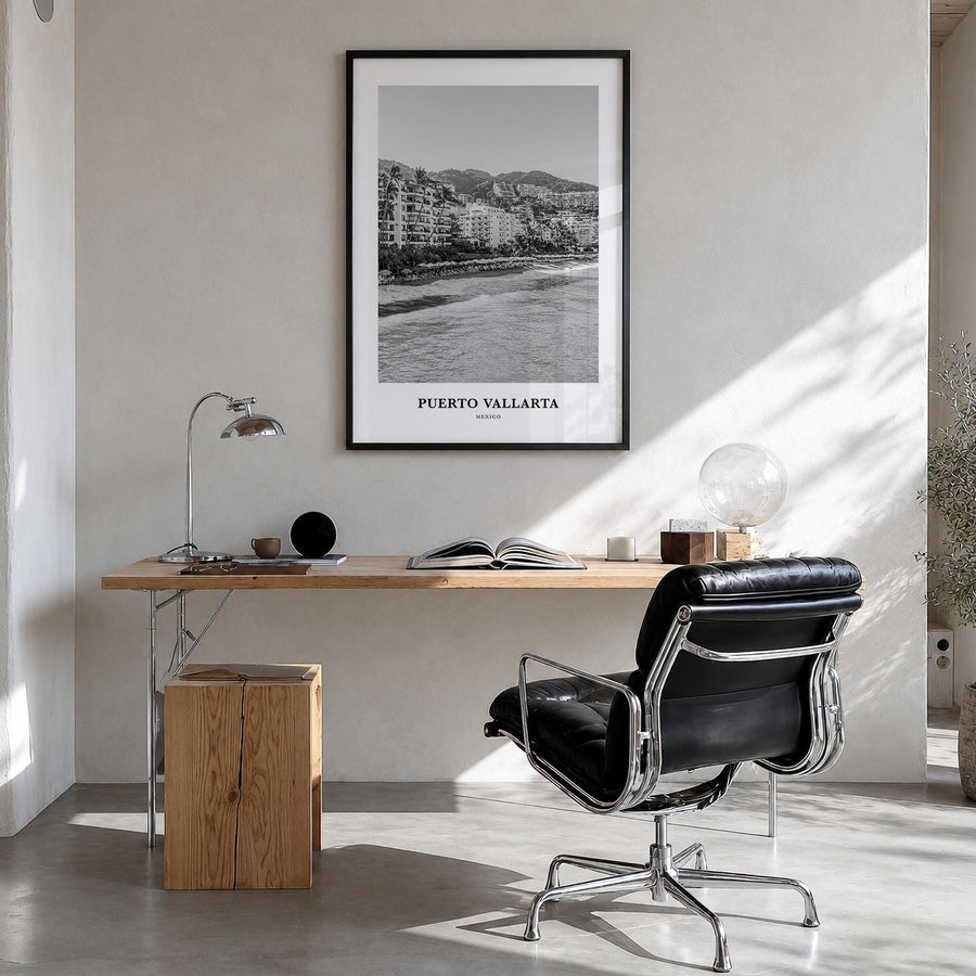 Puerto Vallarta black & white classic poster of Mexico – vertical wall art in black wood frame, hanging on wall