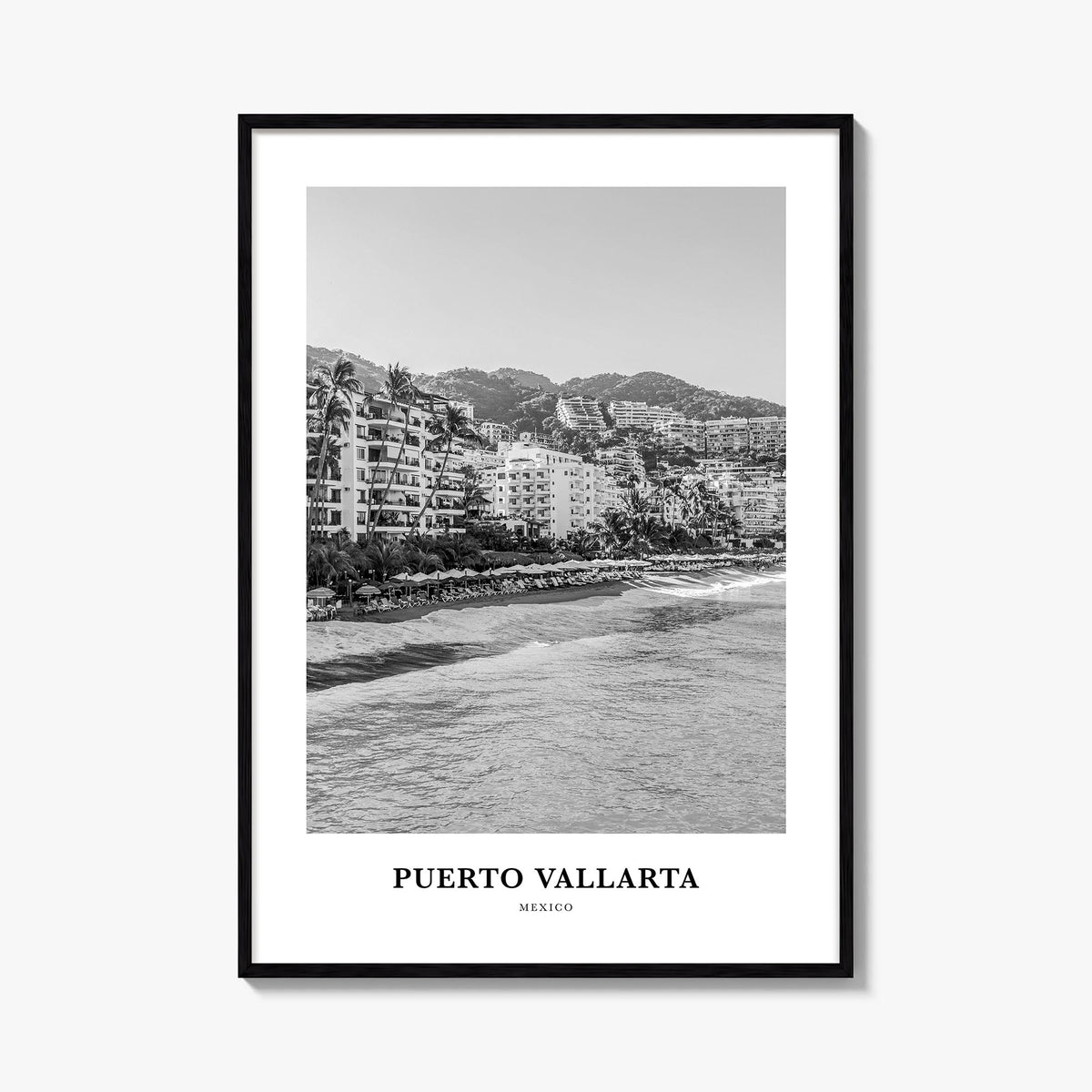 Puerto Vallarta black & white classic poster of Mexico – vertical wall art, unframed print shown in interior mockup