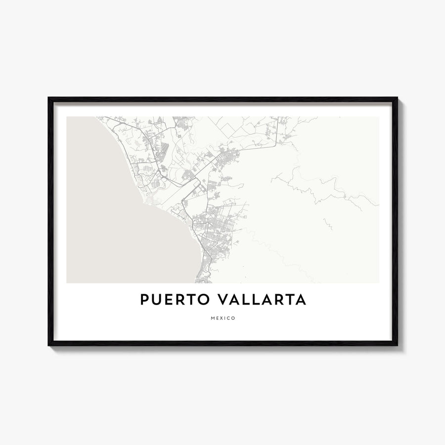 Puerto Vallarta black & white map poster of Mexico – horizontal wall art, unframed print shown in interior mockup