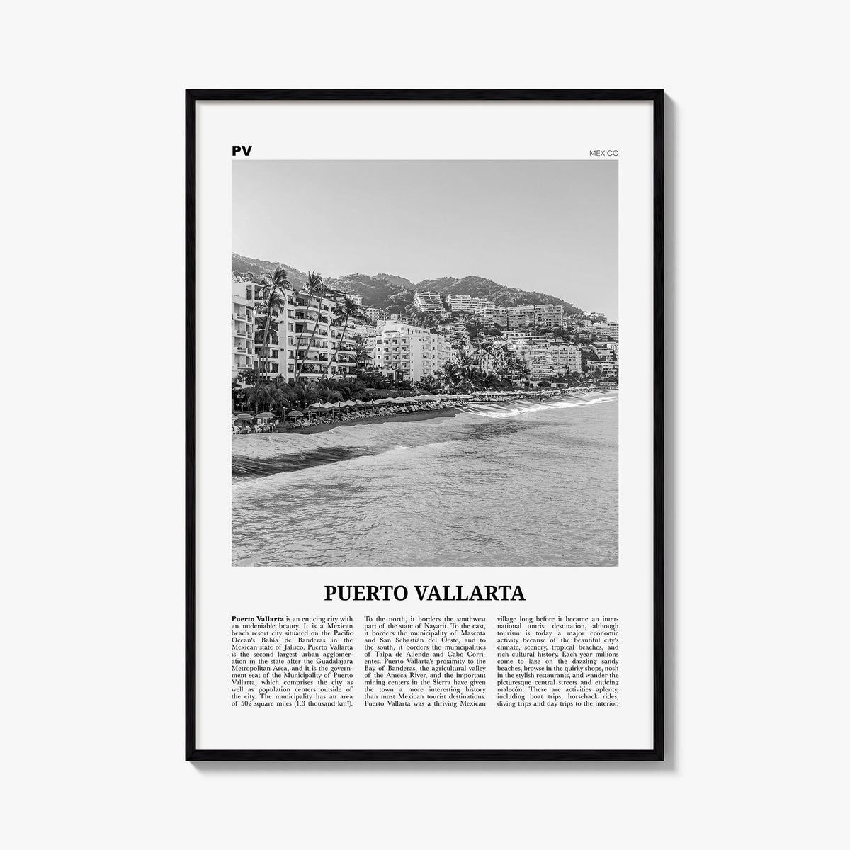 Puerto Vallarta black & white newspaper poster of Mexico – vertical wall art, unframed print shown in interior mockup