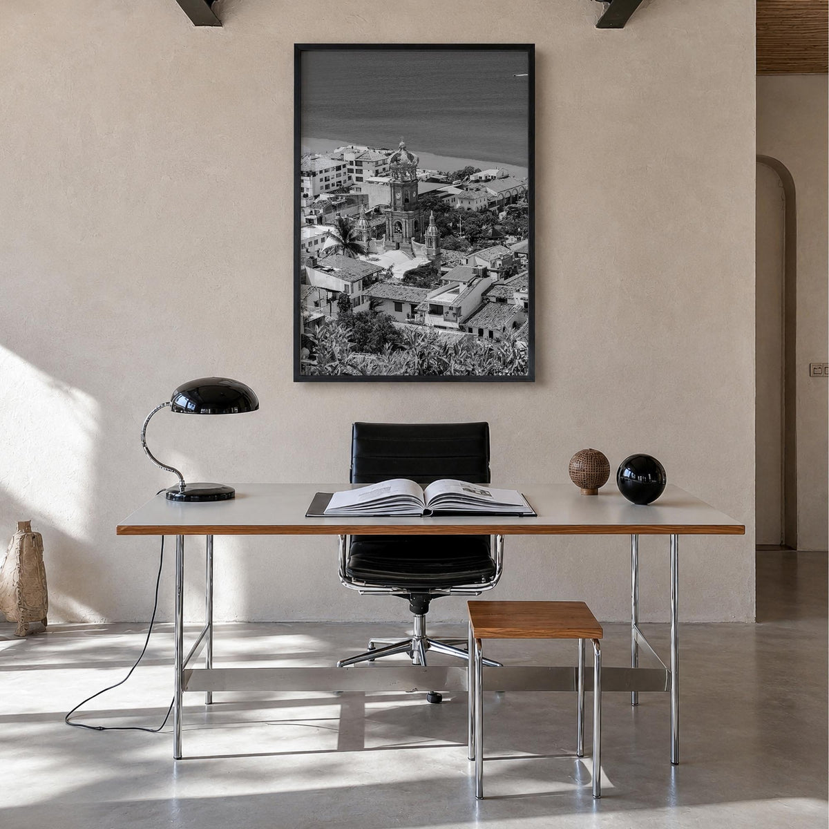 Puerto Vallarta black & white photo poster of Mexico – vertical wall art in black wood frame, hanging on wall