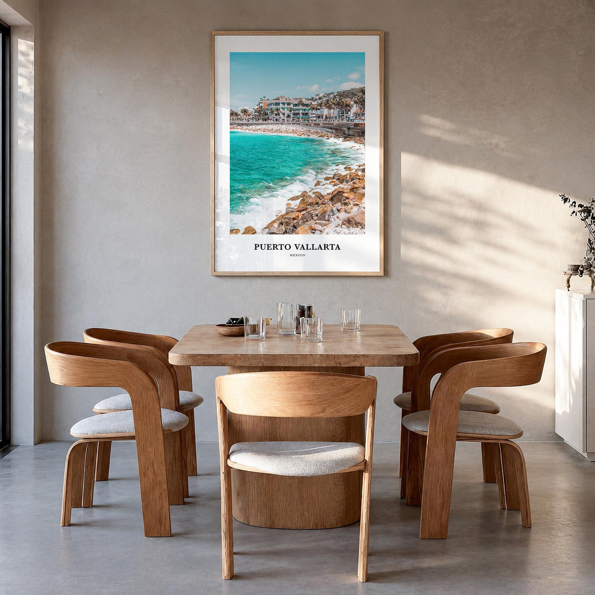 Puerto Vallarta colorful classic poster of Mexico – vertical wall art in natural wood frame, hanging on wall