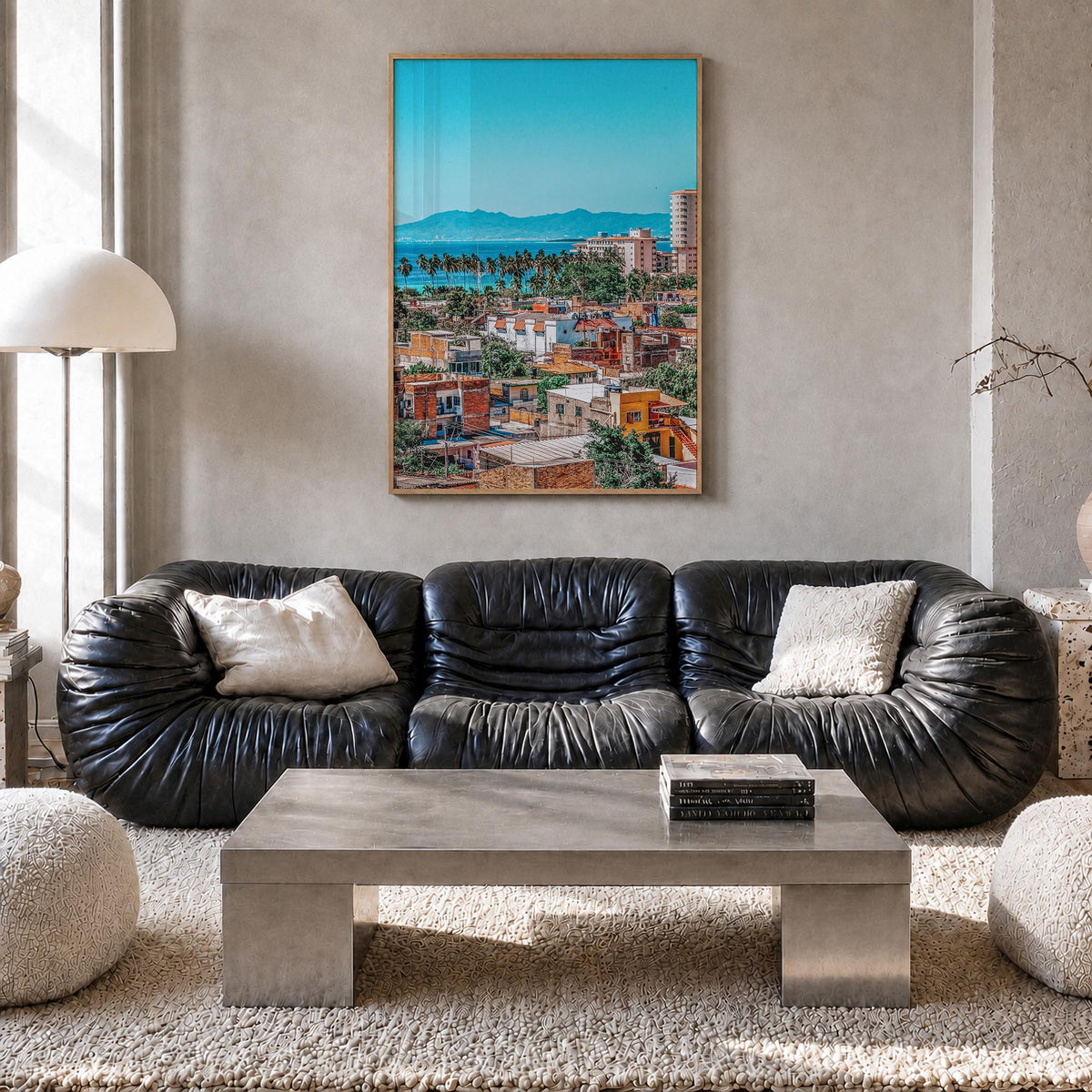 Puerto Vallarta colorful photo poster of Mexico – vertical wall art in natural wood frame, hanging on wall