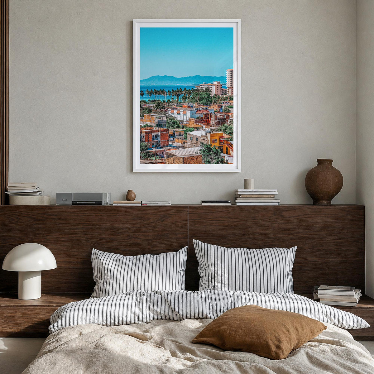 Puerto Vallarta colorful photo poster of Mexico – vertical wall art in white wood frame with white border, hanging on wall