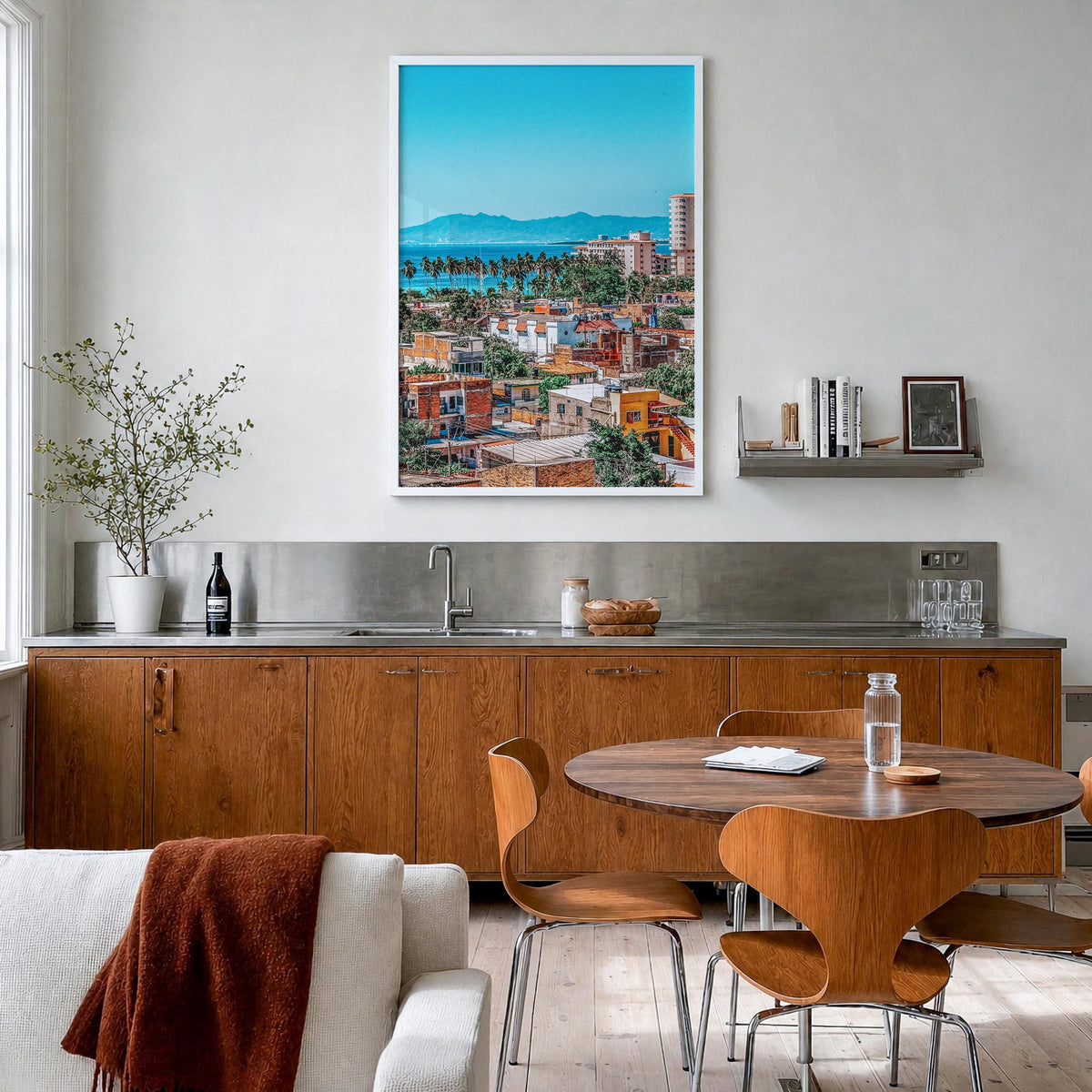 Puerto Vallarta colorful photo poster of Mexico – vertical wall art in white wood frame, hanging on wall