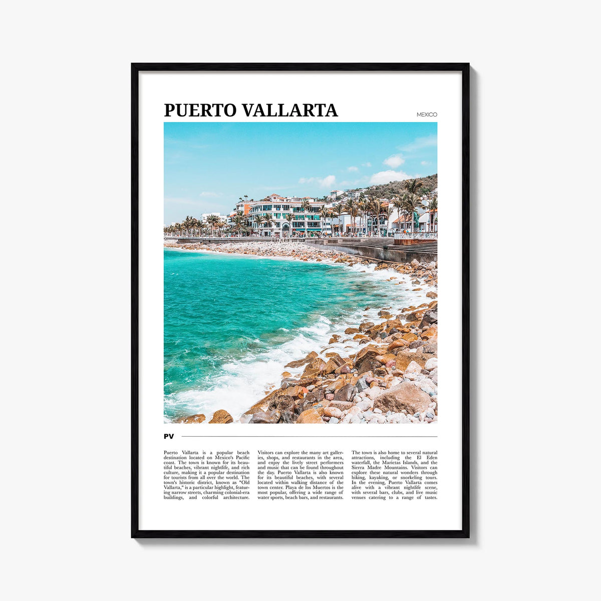 Puerto Vallarta colorful travel poster of Mexico – vertical wall art, unframed print shown in interior mockup
