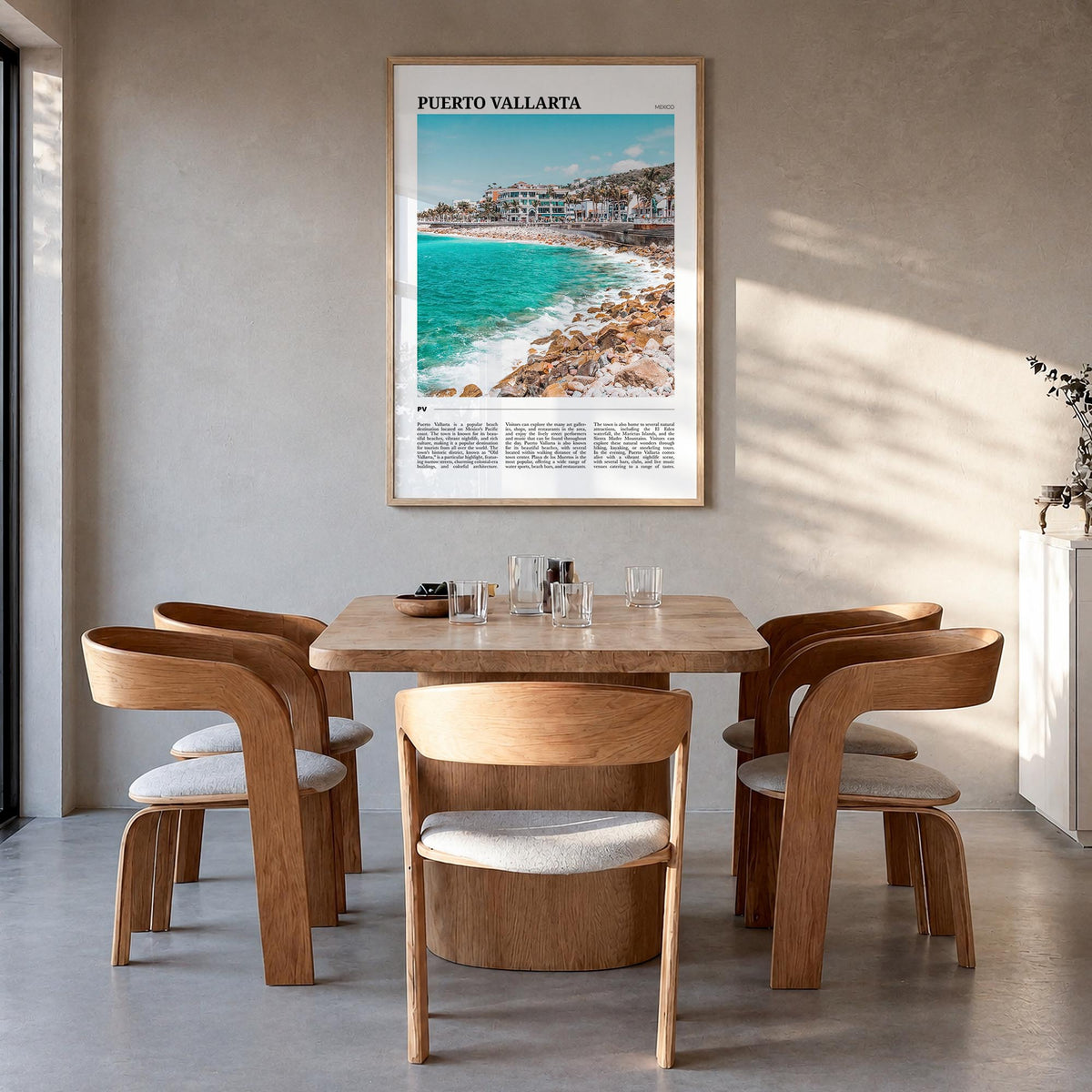 Puerto Vallarta colorful travel poster of Mexico – vertical wall art in natural wood frame, hanging on wall