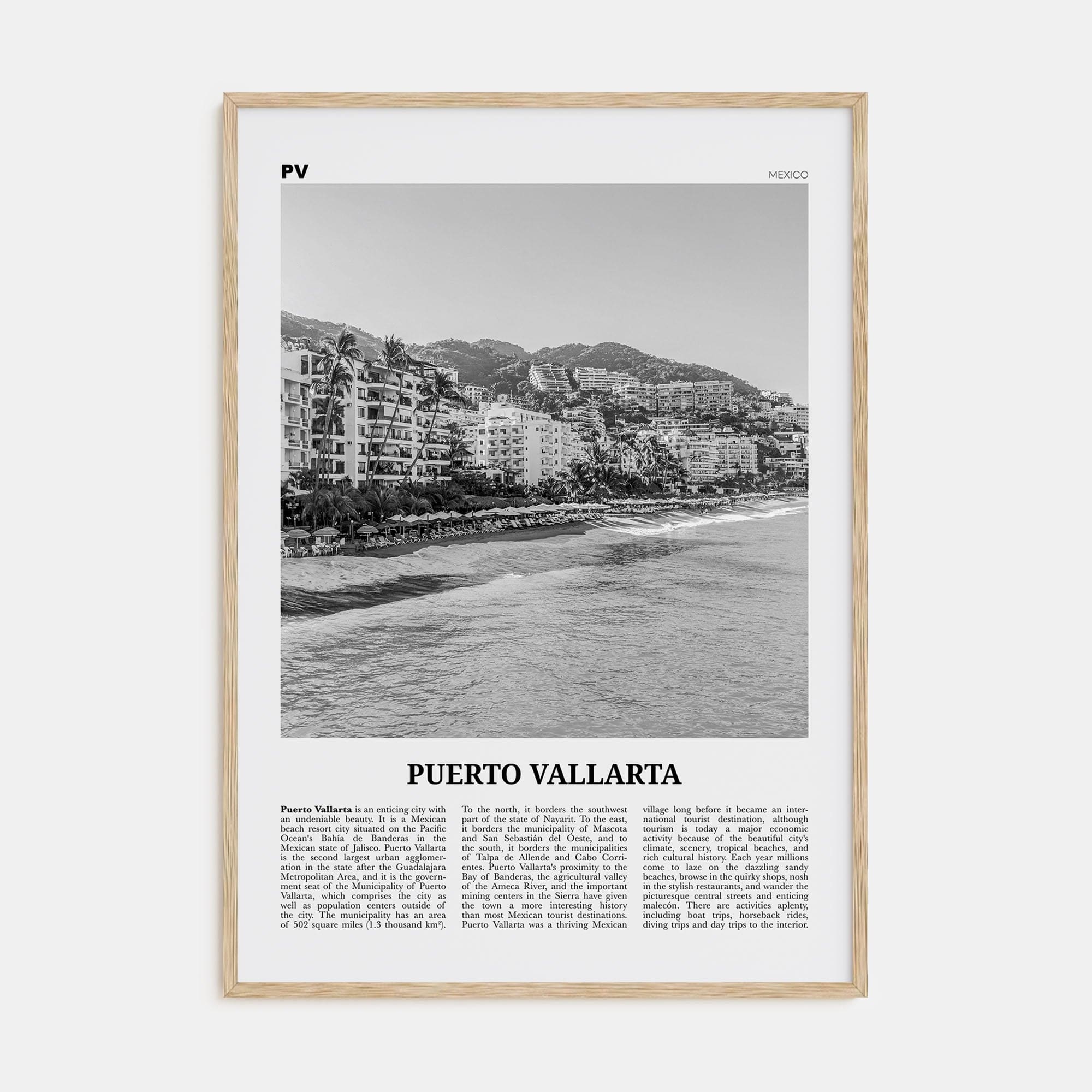 Puerto Vallarta Poster Natural Wood / 8x12 in Nbourhood Travel B&W Poster