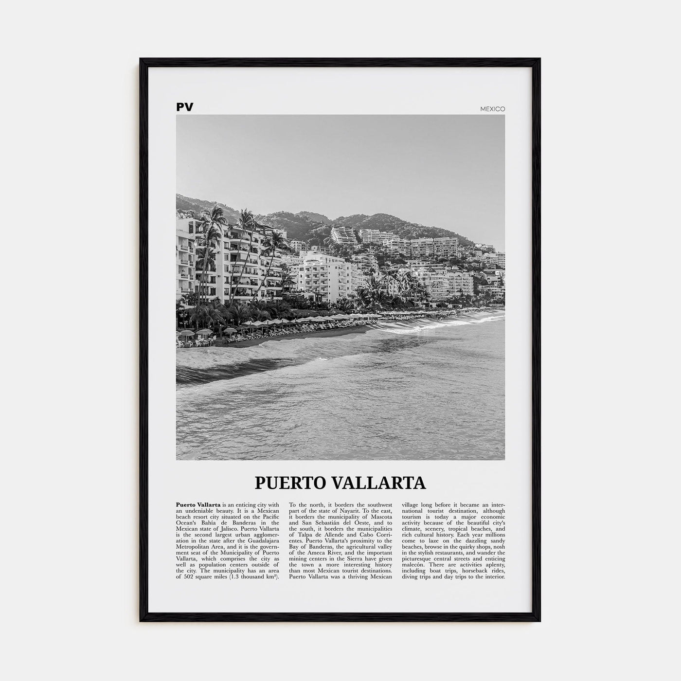 Puerto Vallarta Poster Black Wood / 8x12 in Nbourhood Travel B&W Poster