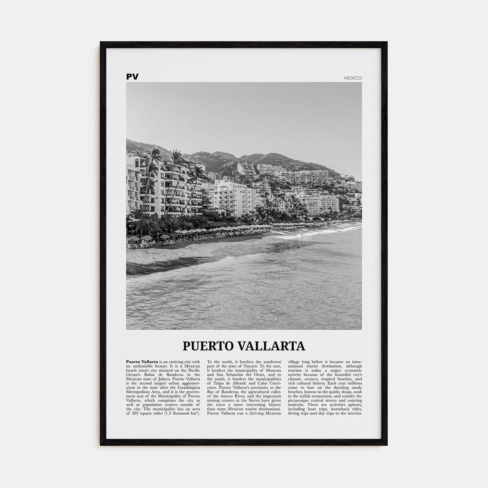 Puerto Vallarta Poster Black Wood / 8x12 in Nbourhood Travel B&W Poster