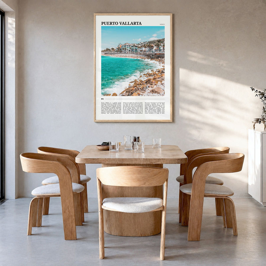 Puerto Vallarta Travel Poster in a natural wood frame, hanging in a dining room