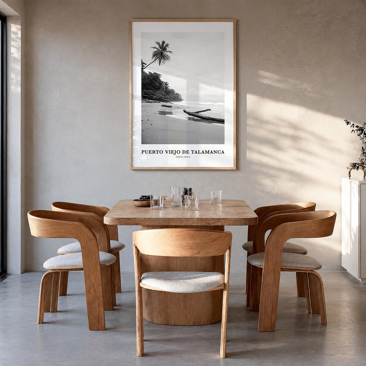 Puerto Viejo de Talamanca black & white classic poster of Costa Rica – vertical wall art in natural wood frame, hanging on wa