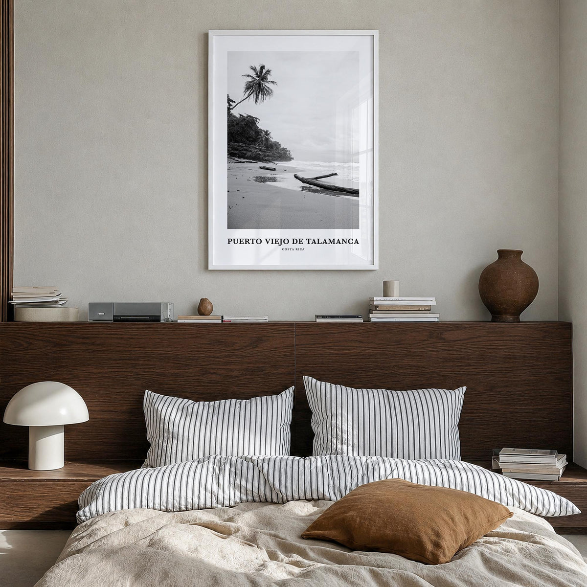 Puerto Viejo de Talamanca black & white classic poster of Costa Rica – vertical wall art in white wood frame, hanging on wall