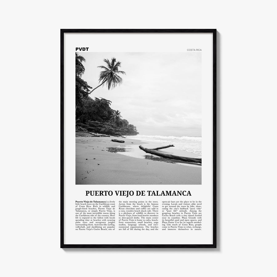 Puerto Viejo de Talamanca black & white newspaper poster of Costa Rica – vertical wall art, unframed print shown in interior 