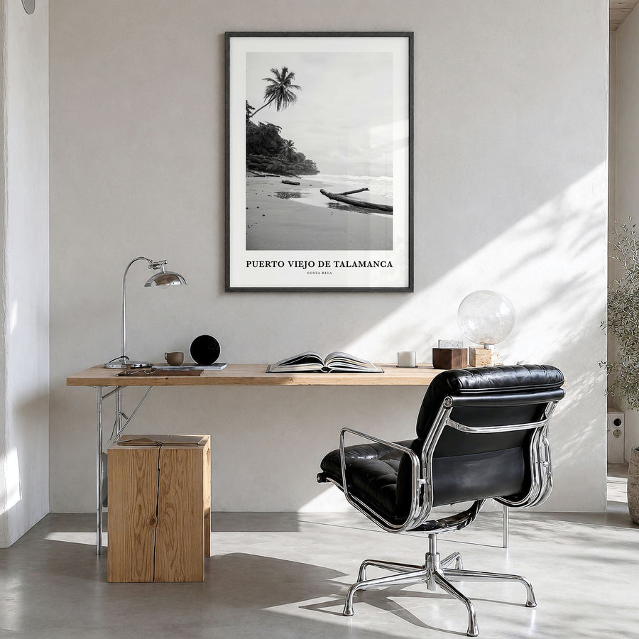 Puerto Viejo de Talamanca Classic Poster in a black wood frame, hanging in a bright home office