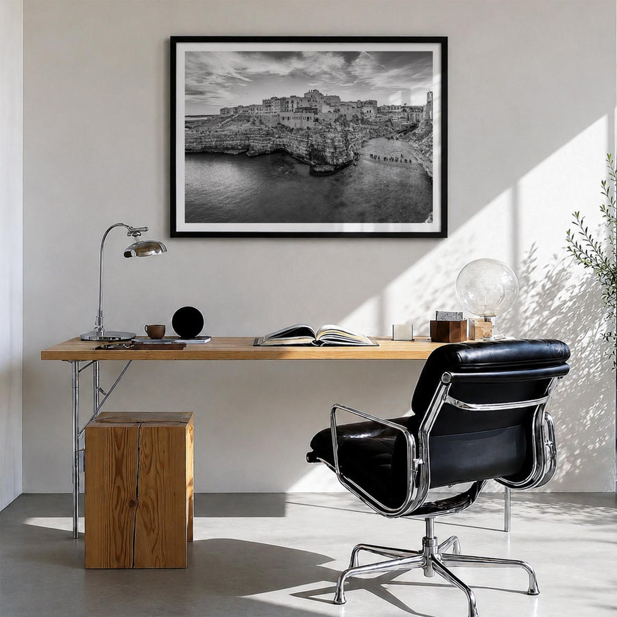 Puglia black & white photo poster of Italy – horizontal wall art in black wood frame with white border, hanging on wall