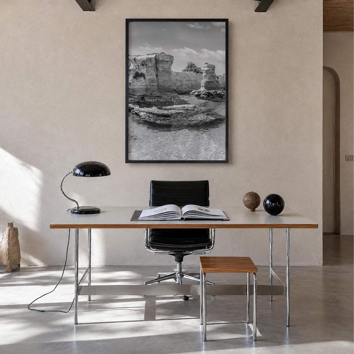 Puglia black & white photo poster of Italy – vertical wall art in black wood frame, hanging on wall