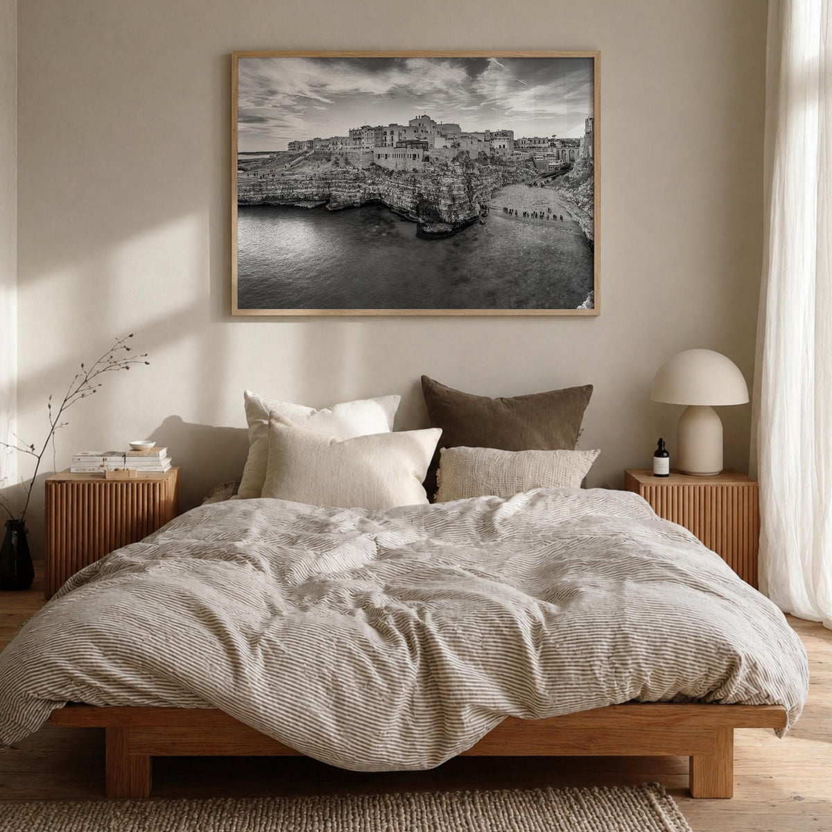 Puglia black & white photo poster of Italy – horizontal wall art in natural wood frame, hanging on wall
