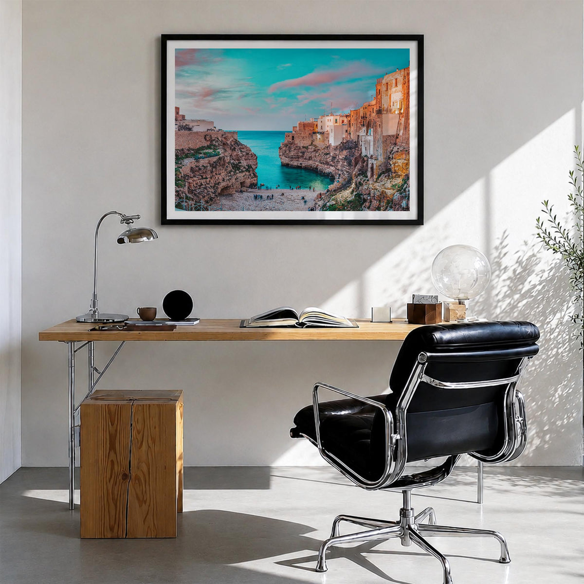 Puglia colorful photo poster of Italy – horizontal wall art in black wood frame with white border, hanging on wall
