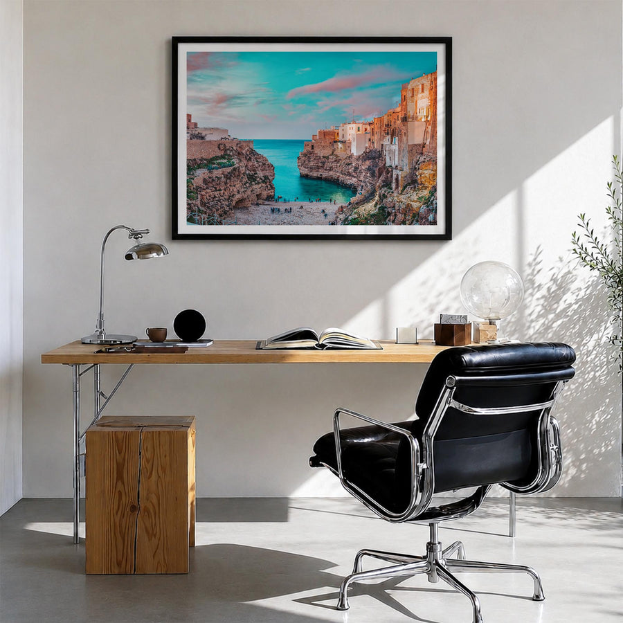Puglia colorful photo poster of Italy – horizontal wall art in black wood frame with white border, hanging on wall