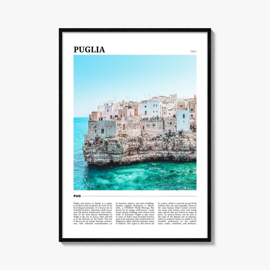 Puglia no. 2 colorful travel poster of Italy – vertical wall art, unframed print shown in interior mockup