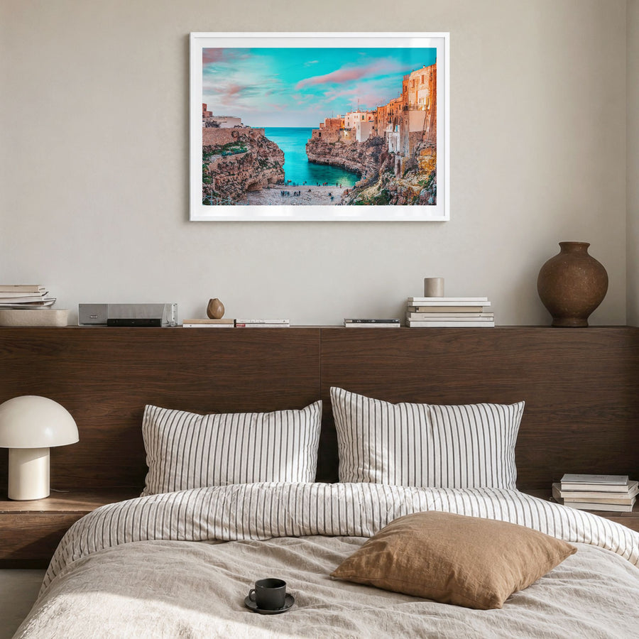 Apulia Photo Poster in a white wood frame, hanging in a bedroom, white border