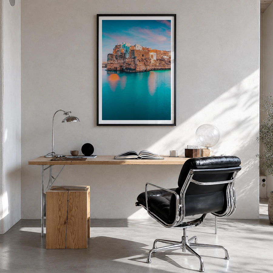 Puglia no. 1 colorful photo poster of Italy – vertical wall art in black wood frame with white border, hanging on wall