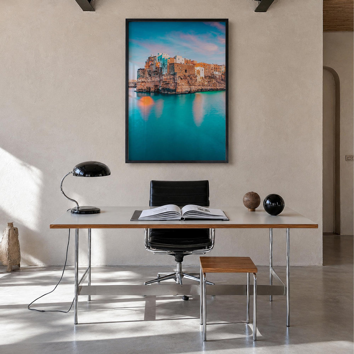 Puglia no. 1 colorful photo poster of Italy – vertical wall art in black wood frame, hanging on wall