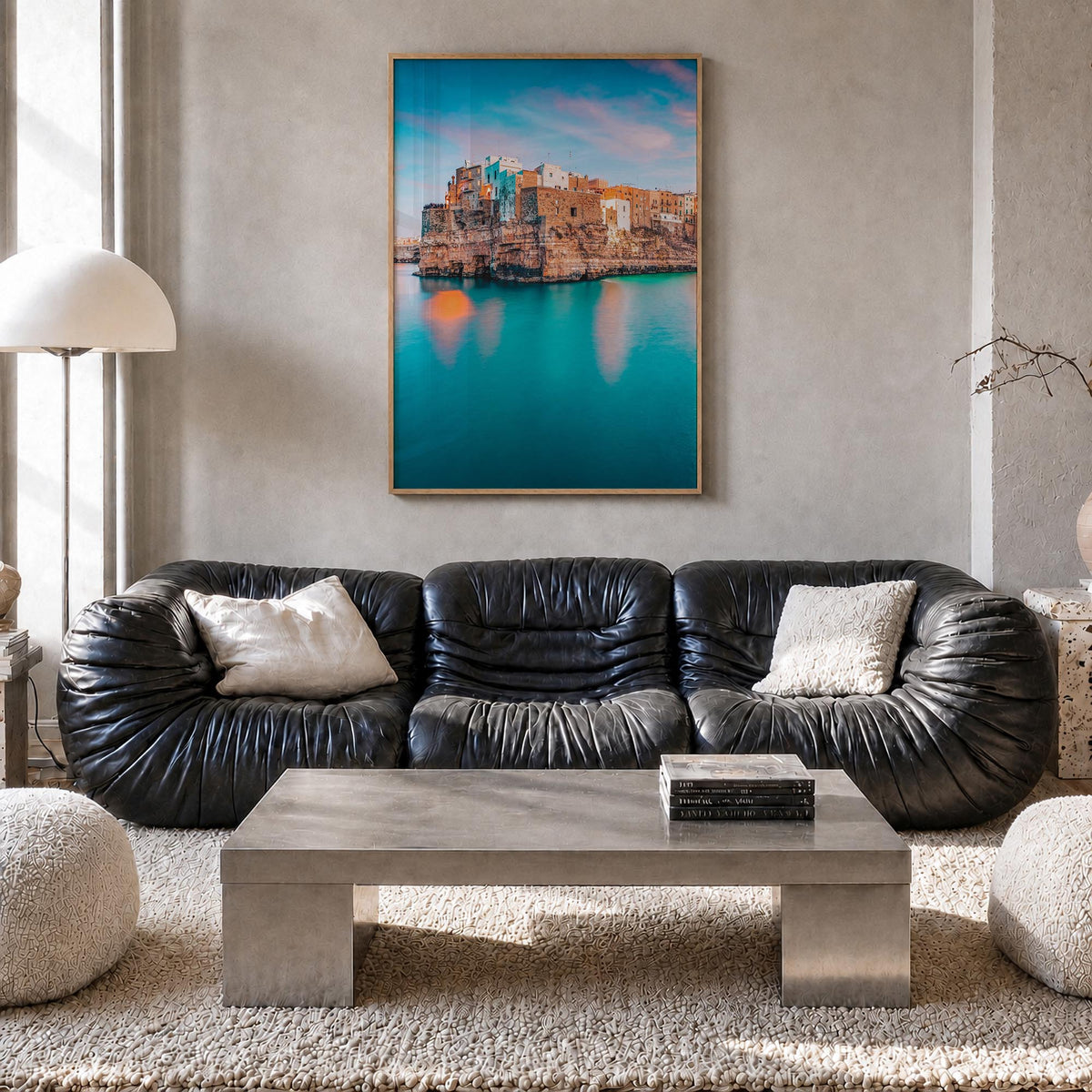 Puglia no. 1 colorful photo poster of Italy – vertical wall art in natural wood frame, hanging on wall
