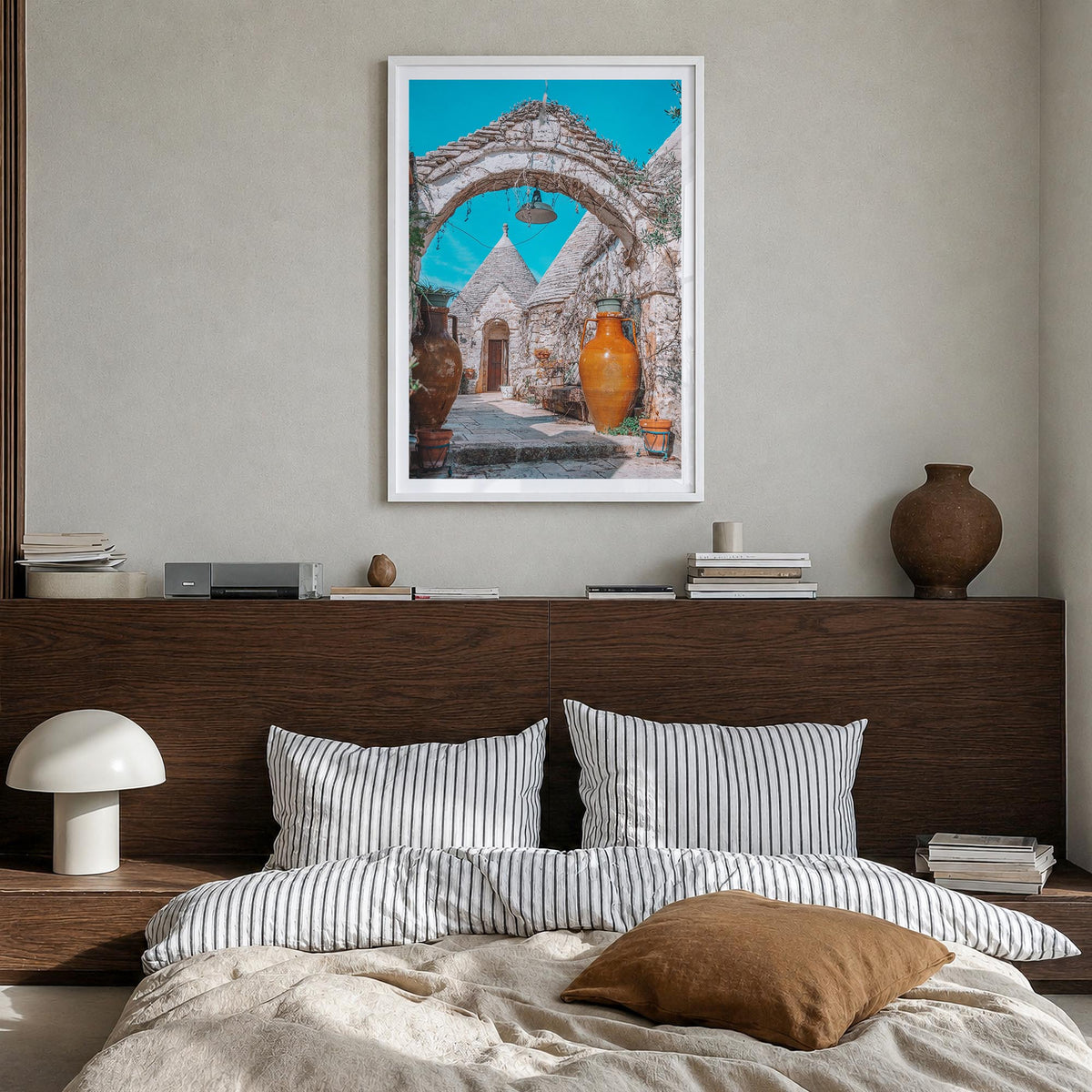Puglia no. 2 colorful photo poster of Italy – vertical wall art in white wood frame with white border, hanging on wall