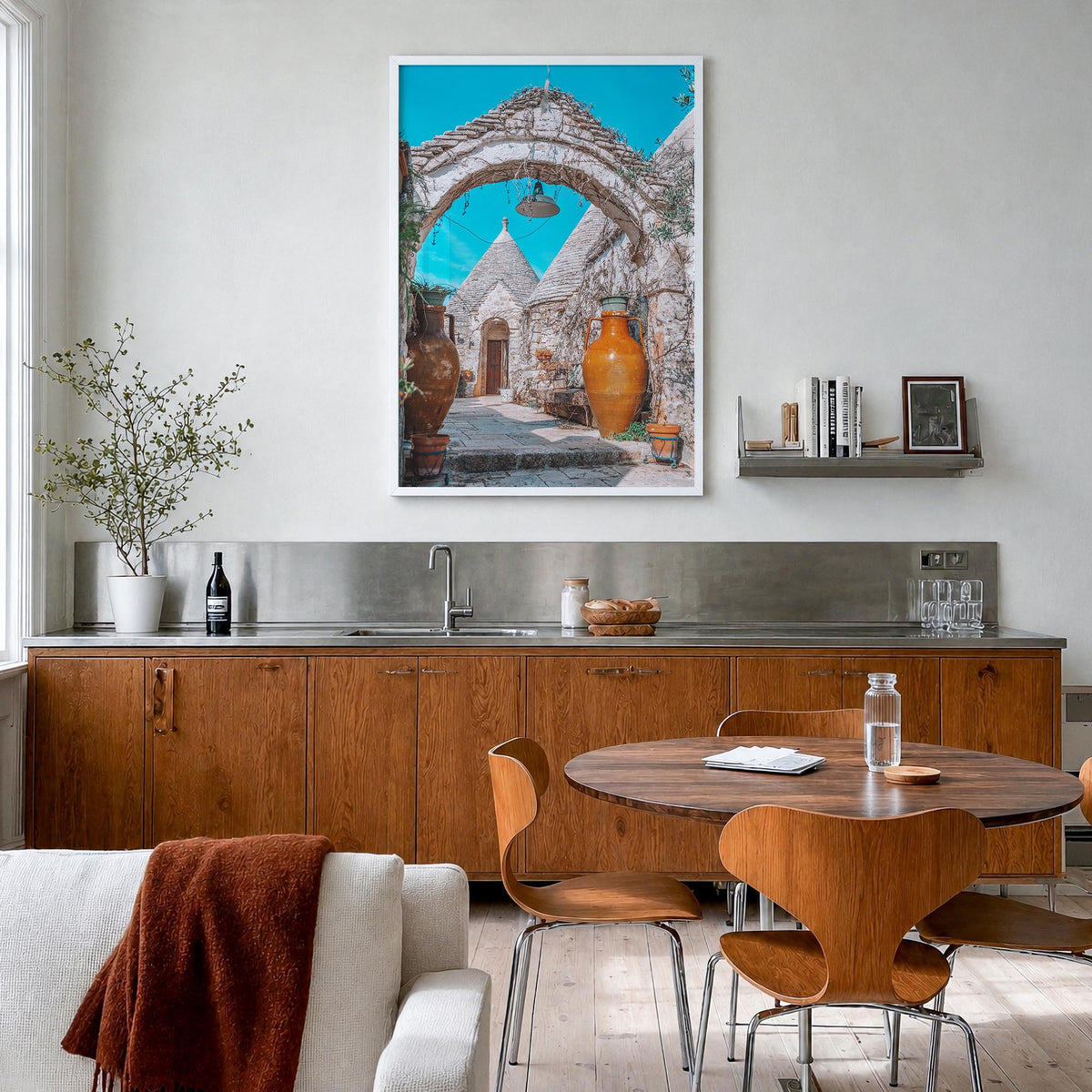 Puglia no. 2 colorful photo poster of Italy – vertical wall art in white wood frame, hanging on wall