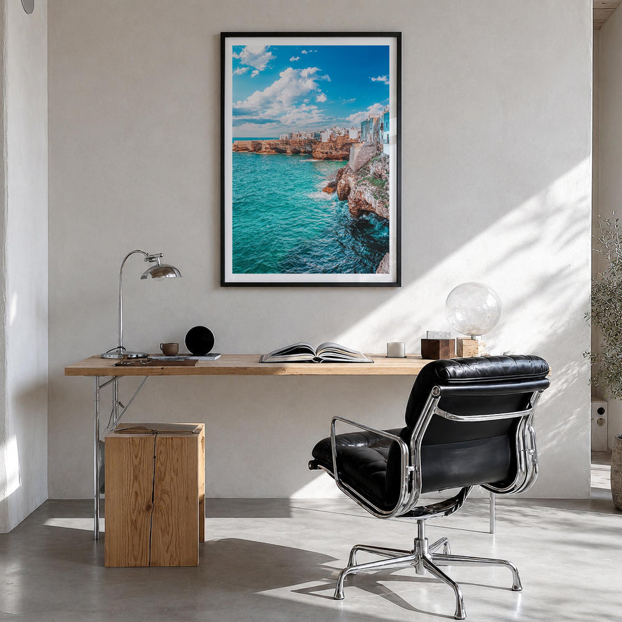 Puglia no. 3 colorful photo poster of Italy – vertical wall art in black wood frame with white border, hanging on wall