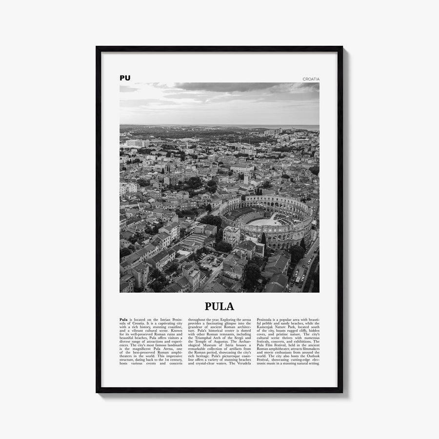 Pula black & white newspaper poster of Croatia – vertical wall art, unframed print shown in interior mockup