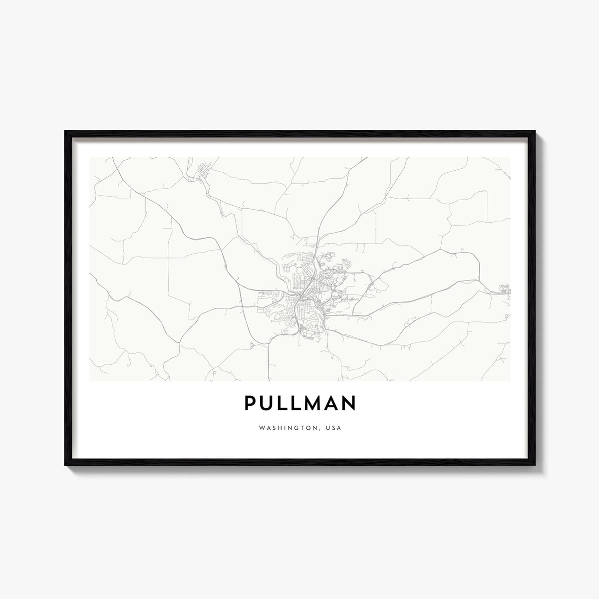 Pullman black & white map poster of Washington, USA – horizontal wall art, unframed print shown in interior mockup