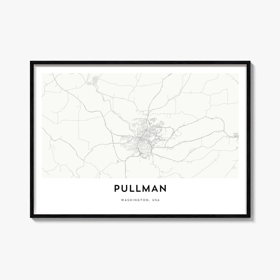 Pullman black & white map poster of Washington, USA – horizontal wall art, unframed print shown in interior mockup